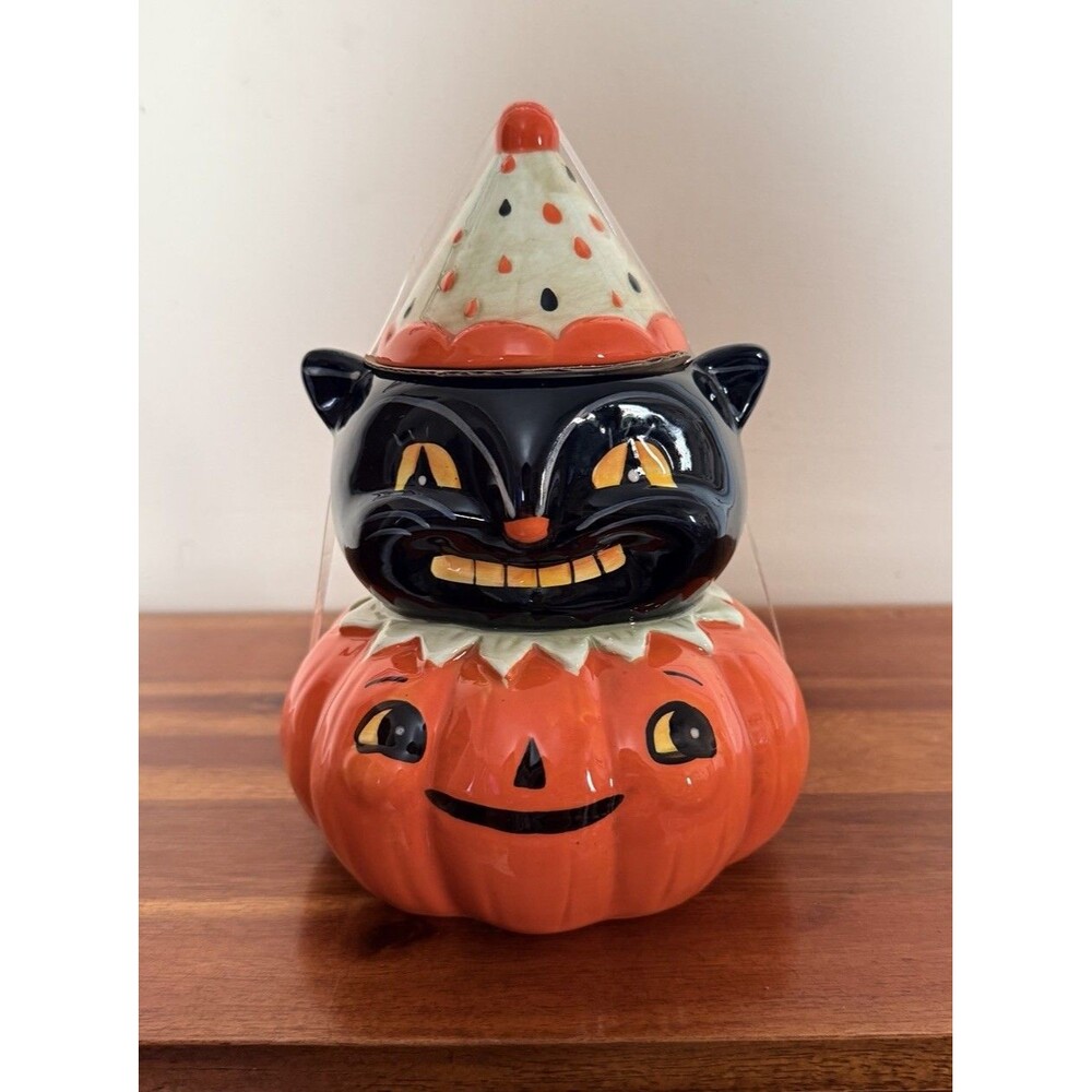 Johanna Parker Halloween Black Cat Pumpkin Ceramic Cookie Jar Canister